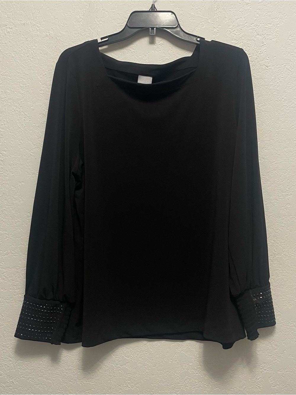 CHICO'S 3 US XL Knit Top Black Embellished Cuffs Square Neck Puff Sleeve NEW